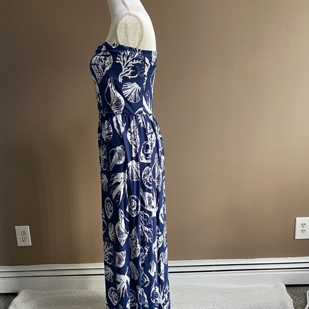 Venus - Strapless Navy and White Shell-Print Maxi Dress - Picture 3 of 8